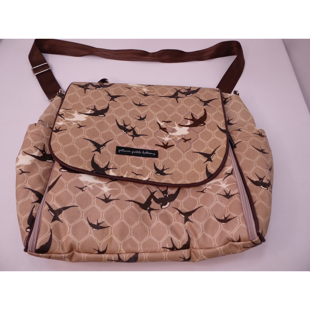 Petunia Pickle Bottom Boxy Backpack Diaper Bag Tan Brown Bird Print